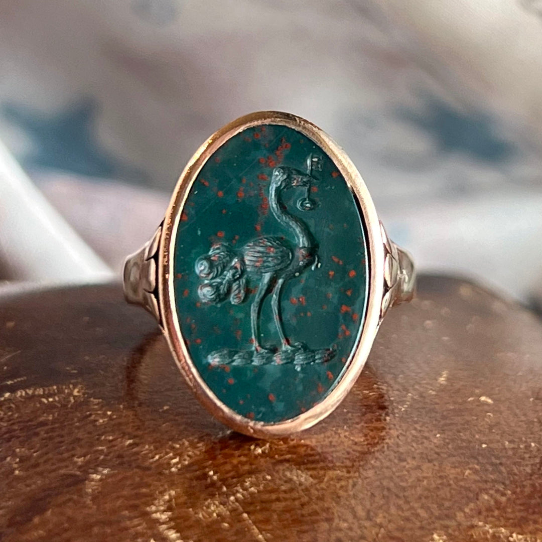 Victorian Bloodstone Intaglio Seal Ring Ostrich with Key