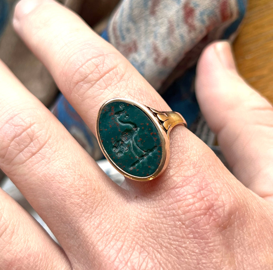 Victorian Bloodstone Intaglio Seal Ring Ostrich with Key