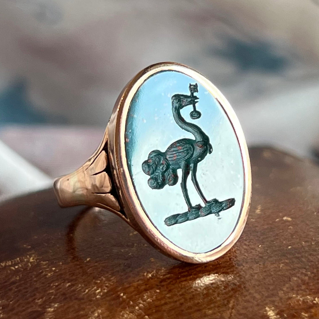 Victorian Bloodstone Intaglio Seal Ring Ostrich with Key