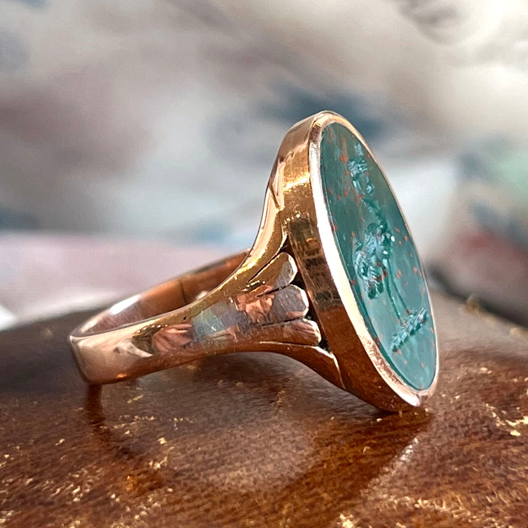 Victorian Bloodstone Intaglio Seal Ring Ostrich with Key