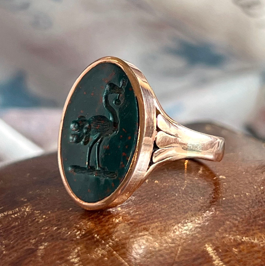 Victorian Bloodstone Intaglio Seal Ring Ostrich with Key