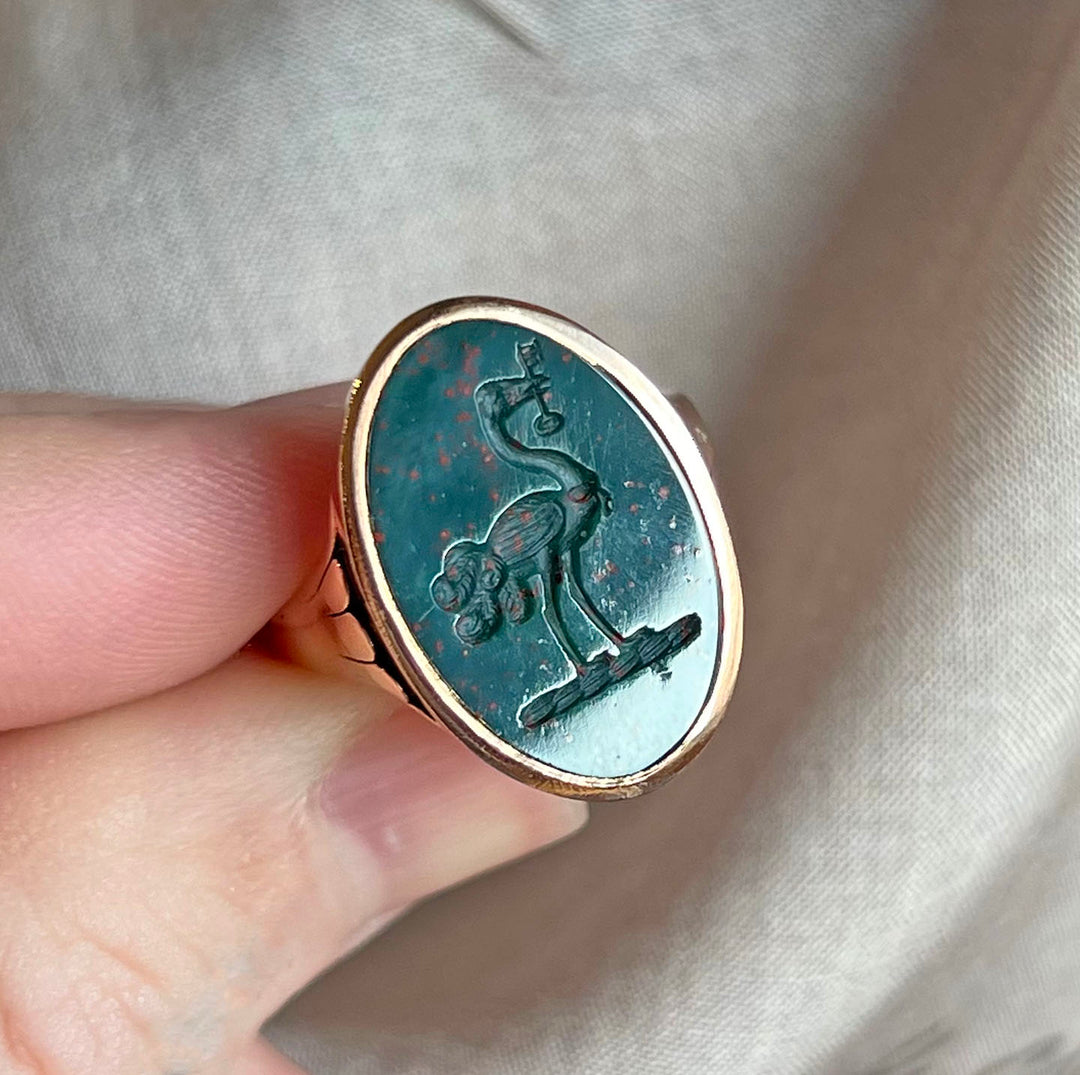 Victorian Bloodstone Intaglio Seal Ring Ostrich with Key