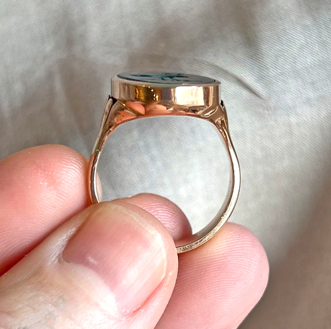 Victorian Bloodstone Intaglio Seal Ring Ostrich with Key