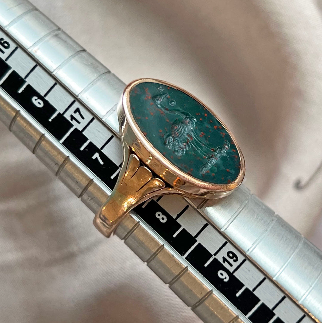 Victorian Bloodstone Intaglio Seal Ring Ostrich with Key