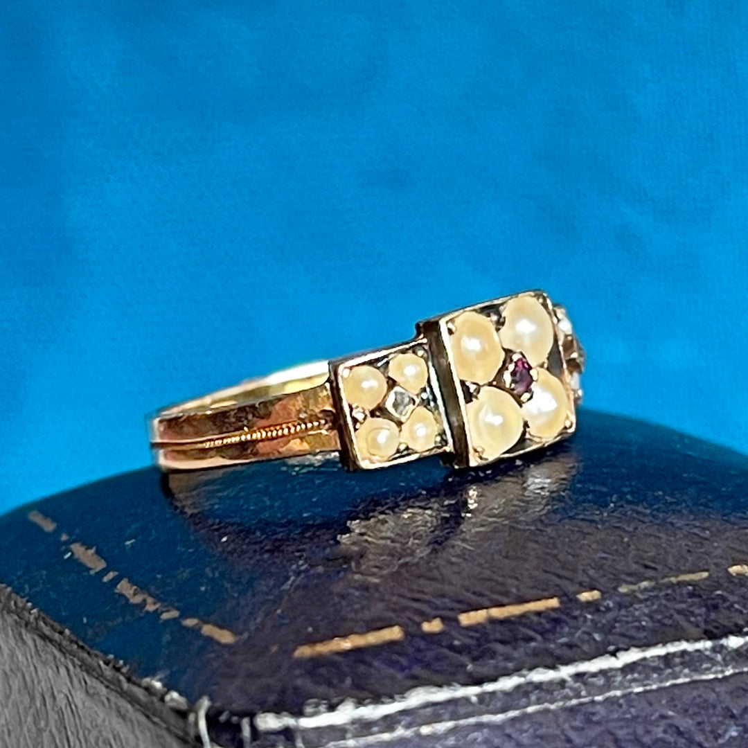 Victorian 15k Gold Pearl and Ruby Ring, Birmingham, 1876