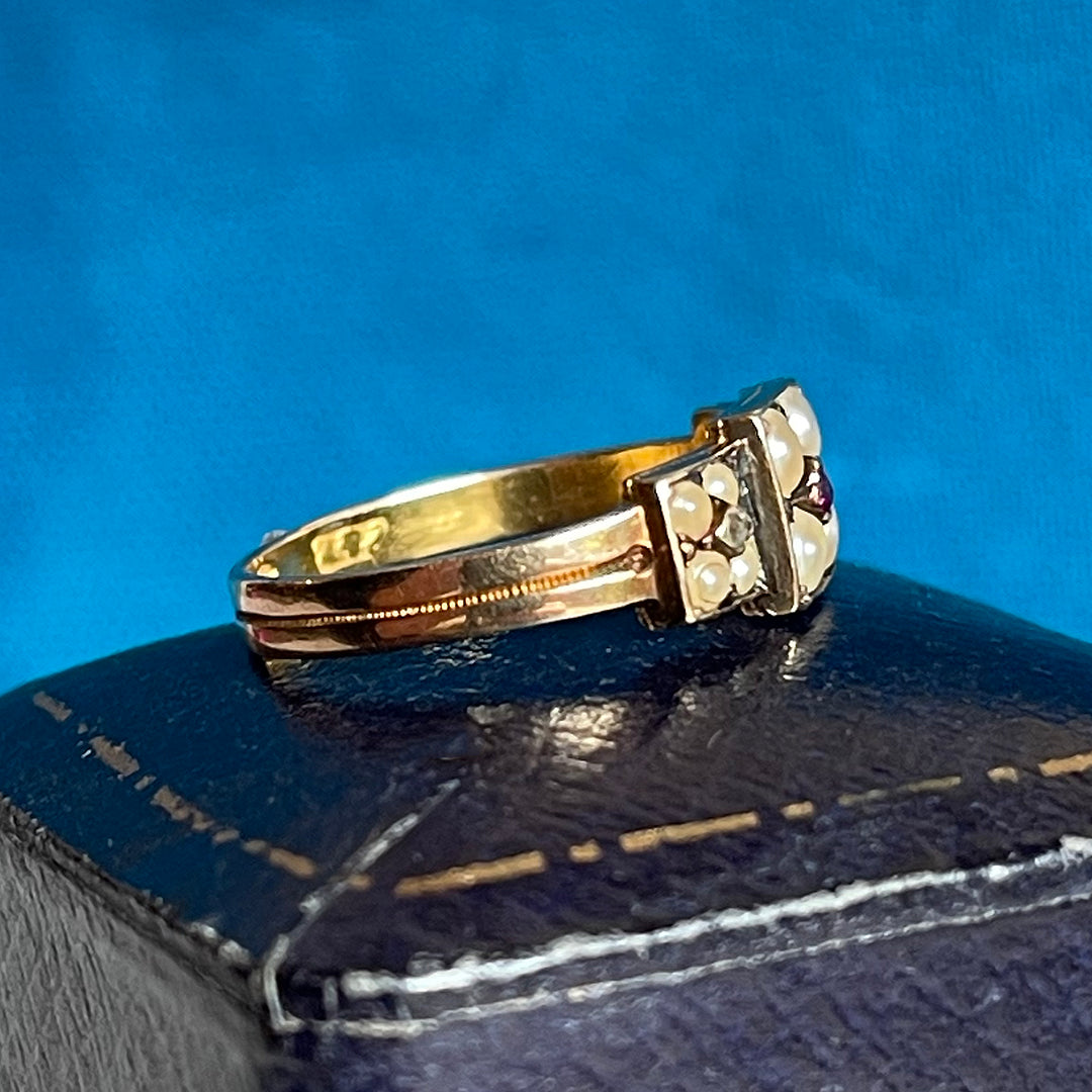 Victorian 15k Gold Pearl and Ruby Ring, Birmingham, 1876