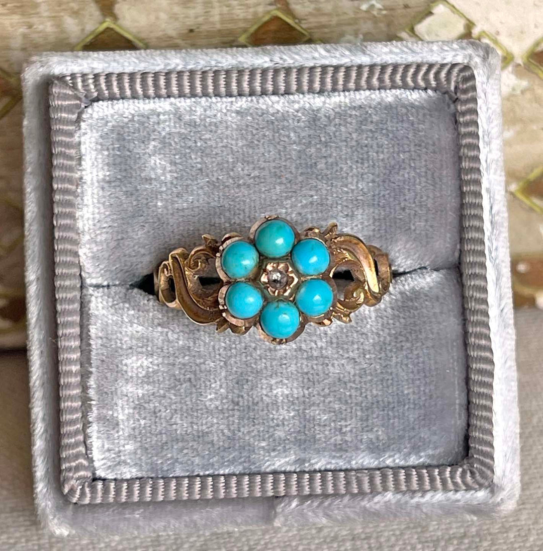 Victorian Turquoise Diamond Forget-me-not Ring Locket Back 15k