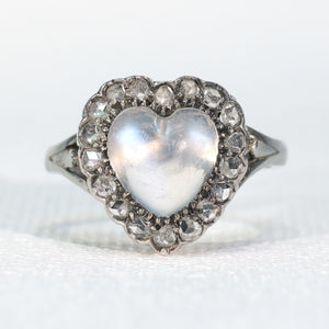 Antique Edwardian Moonstone Diamond Heart Cluster Ring Halo Size 4.75