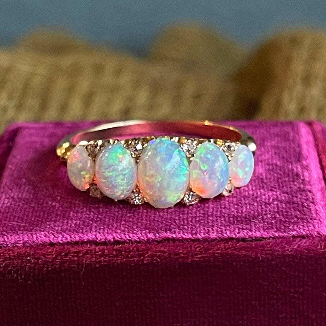 Victorian 18K Gold Five-Stone Opal and Diamond Ring, c. 1900