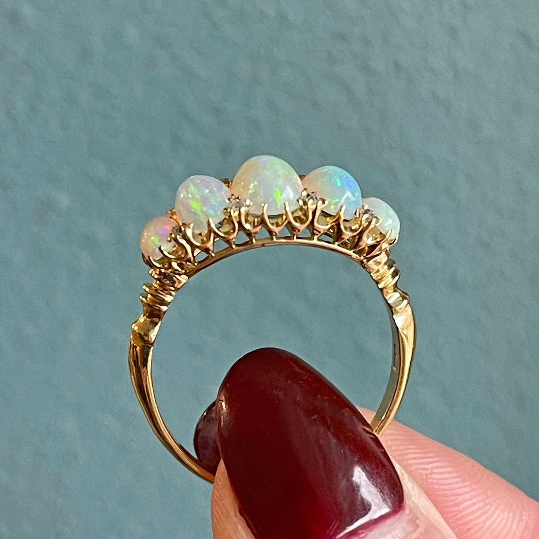 Victorian 18K Gold Five-Stone Opal and Diamond Ring, c. 1900