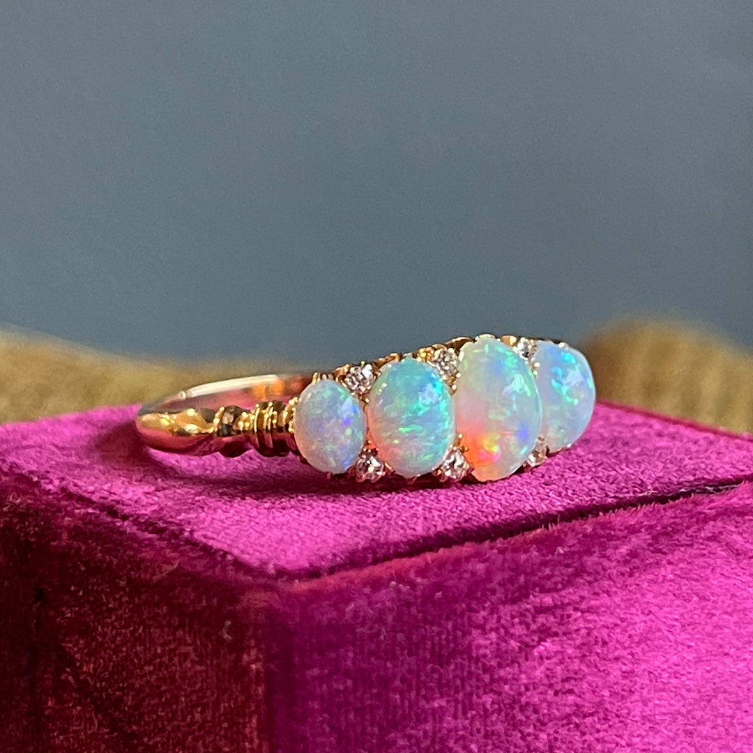 Victorian 18K Gold Five-Stone Opal and Diamond Ring, c. 1900
