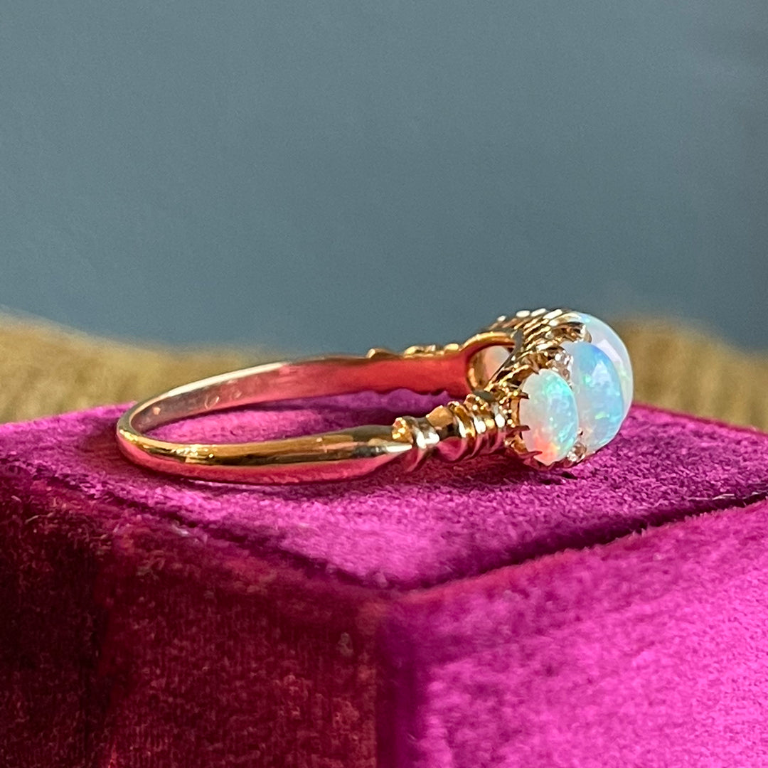 Victorian 18K Gold Five-Stone Opal and Diamond Ring, c. 1900