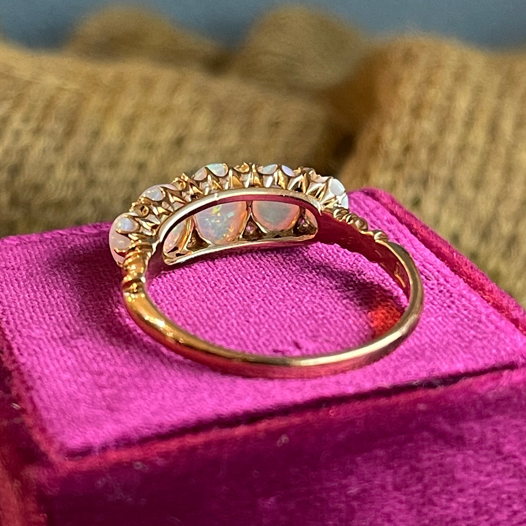 Victorian 18K Gold Five-Stone Opal and Diamond Ring, c. 1900