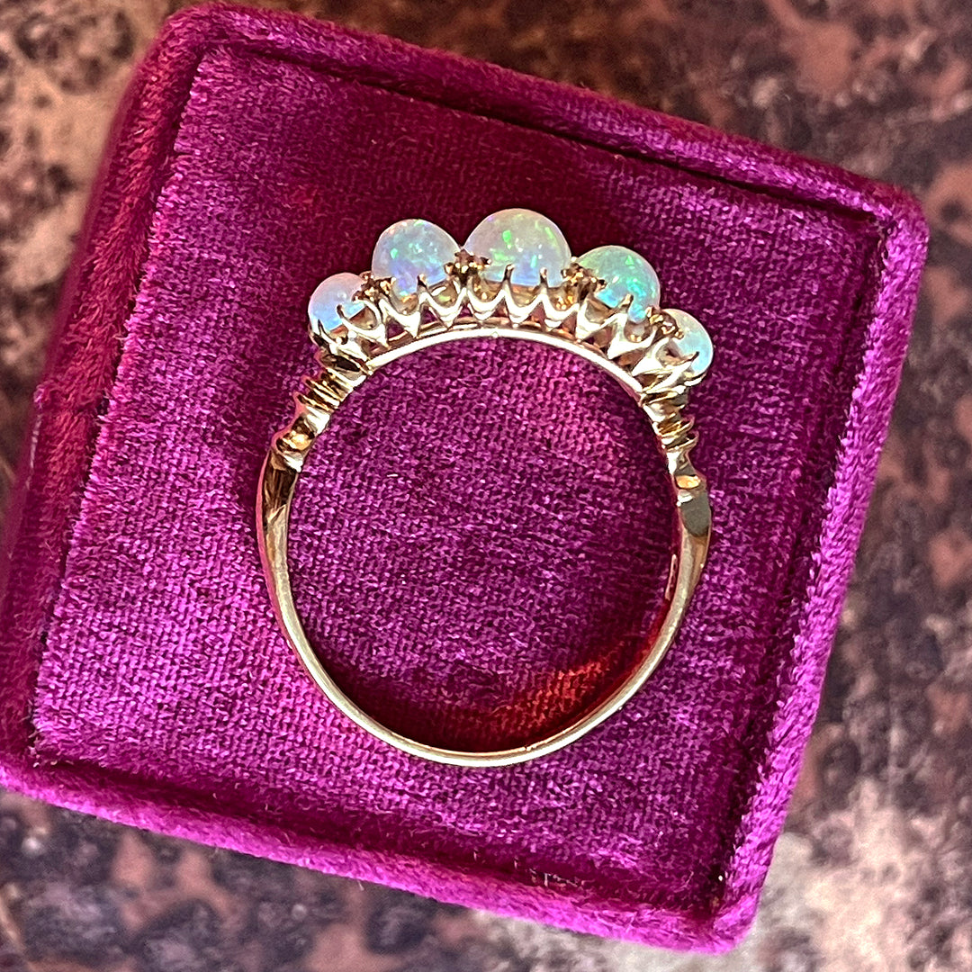 Victorian 18K Gold Five-Stone Opal and Diamond Ring, c. 1900