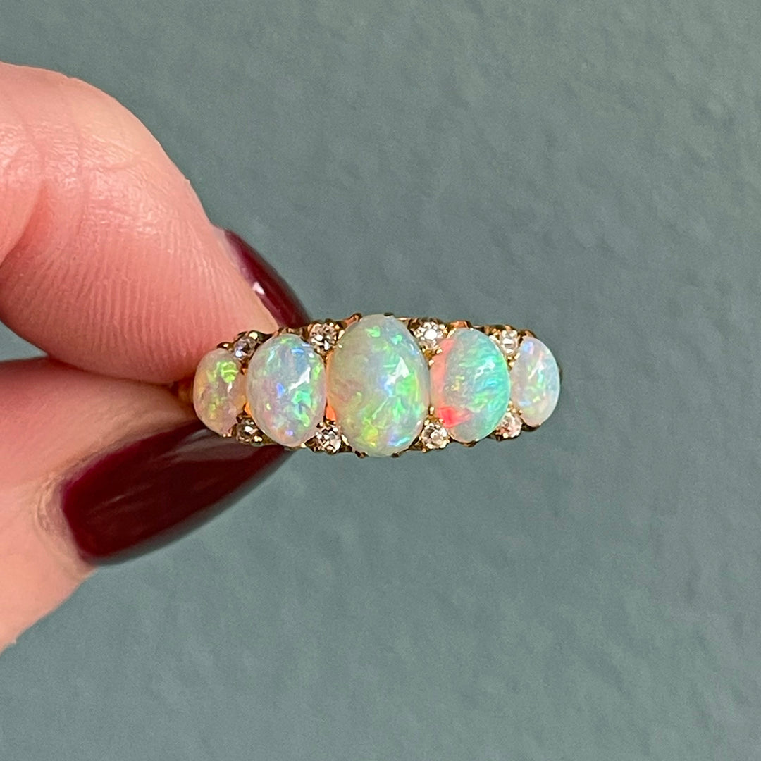 Victorian 18K Gold Five-Stone Opal and Diamond Ring, c. 1900