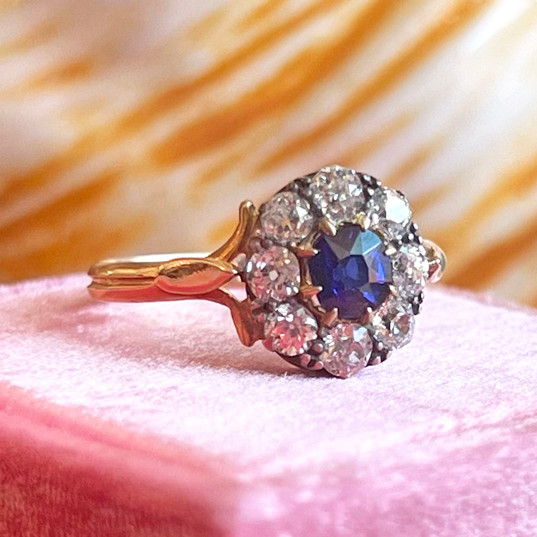 Antique Victorian Sapphire and Diamond Cluster Gold Ring, 1867