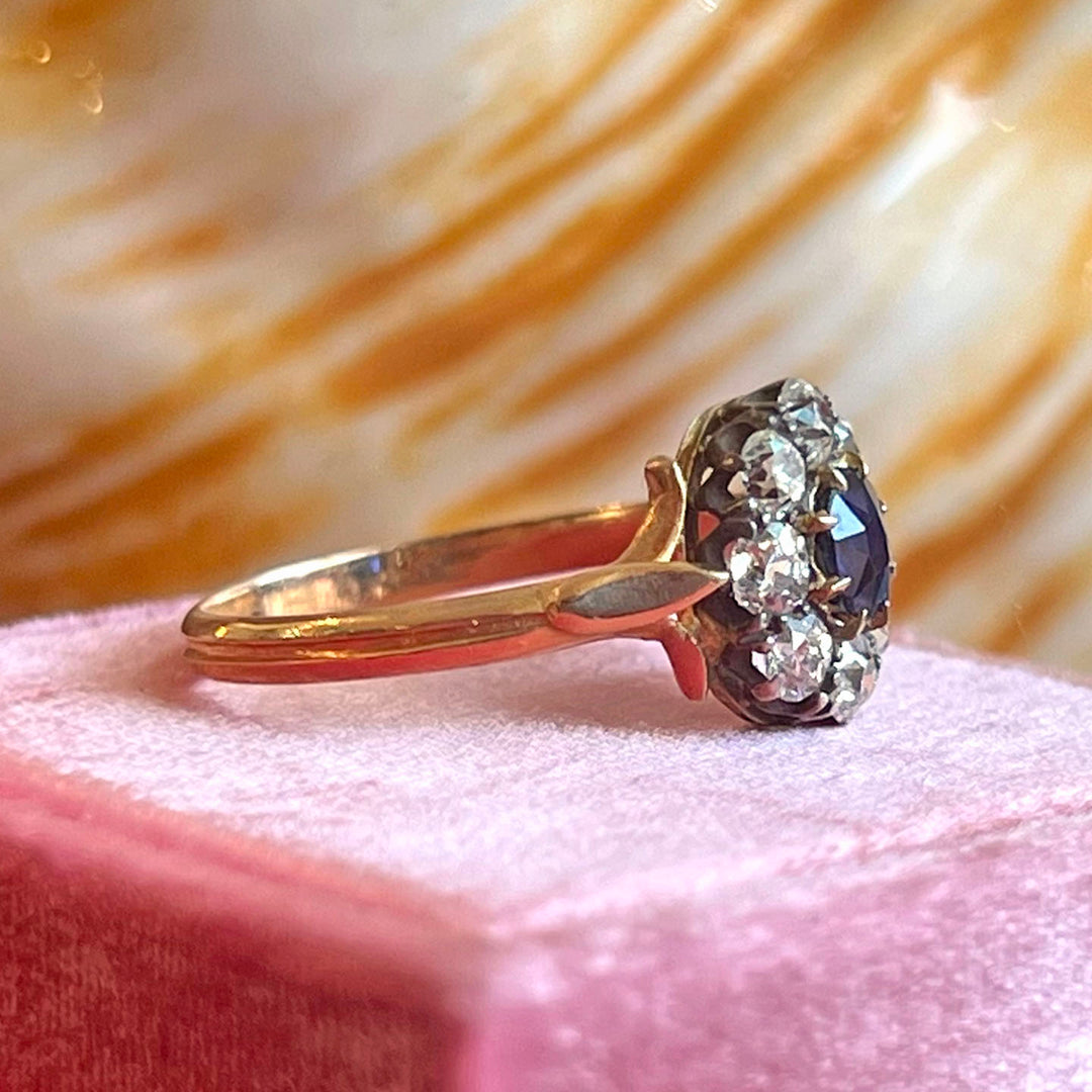 Antique Victorian Sapphire and Diamond Cluster Gold Ring, 1867