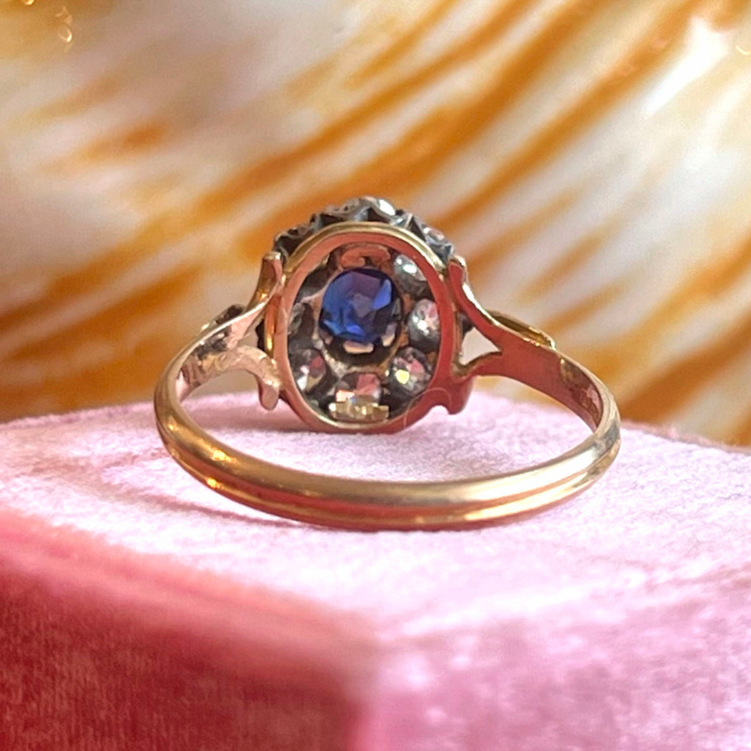 Antique Victorian Sapphire and Diamond Cluster Gold Ring, 1867
