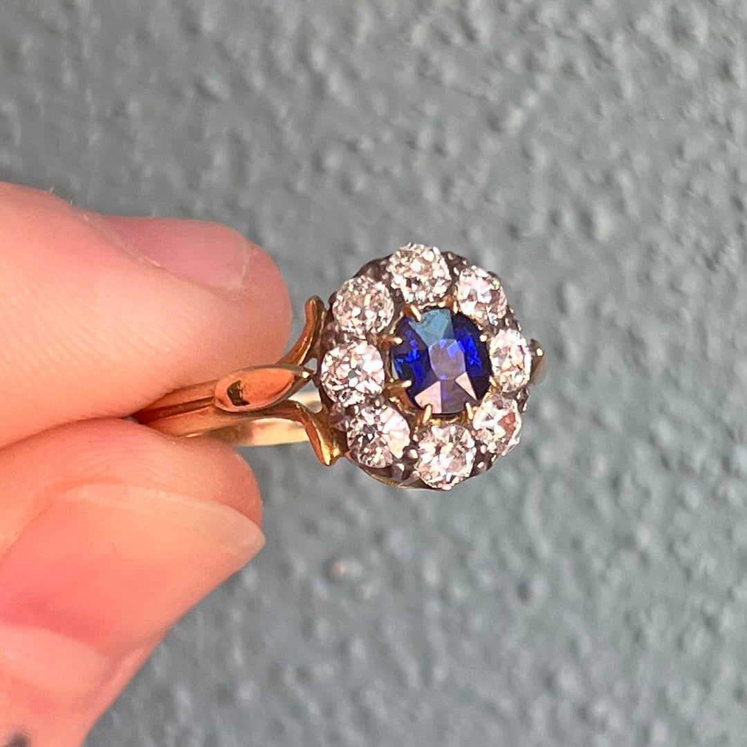 Antique Victorian Sapphire and Diamond Cluster Gold Ring, 1867