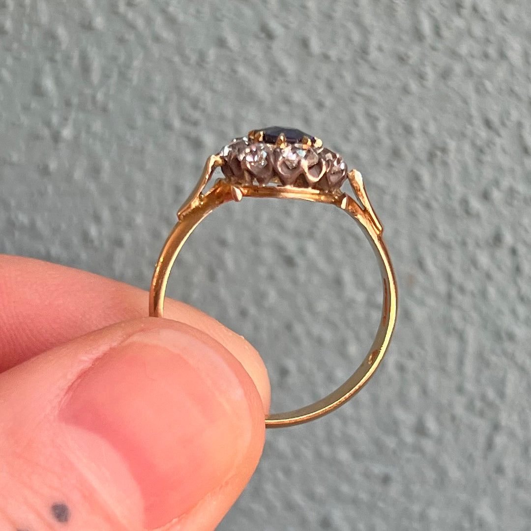 Antique Victorian Sapphire and Diamond Cluster Gold Ring, 1867