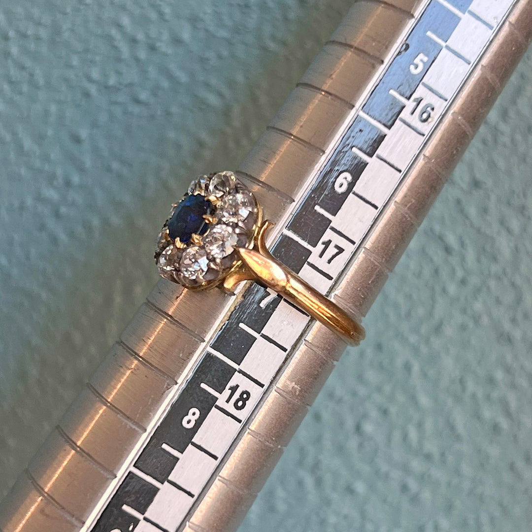Antique Victorian Sapphire and Diamond Cluster Gold Ring, 1867