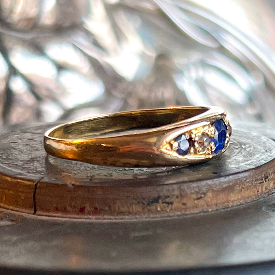 Antique Edwardian Sapphire Diamond 18k Gold Ring, Birmingham, Inscribed 1918