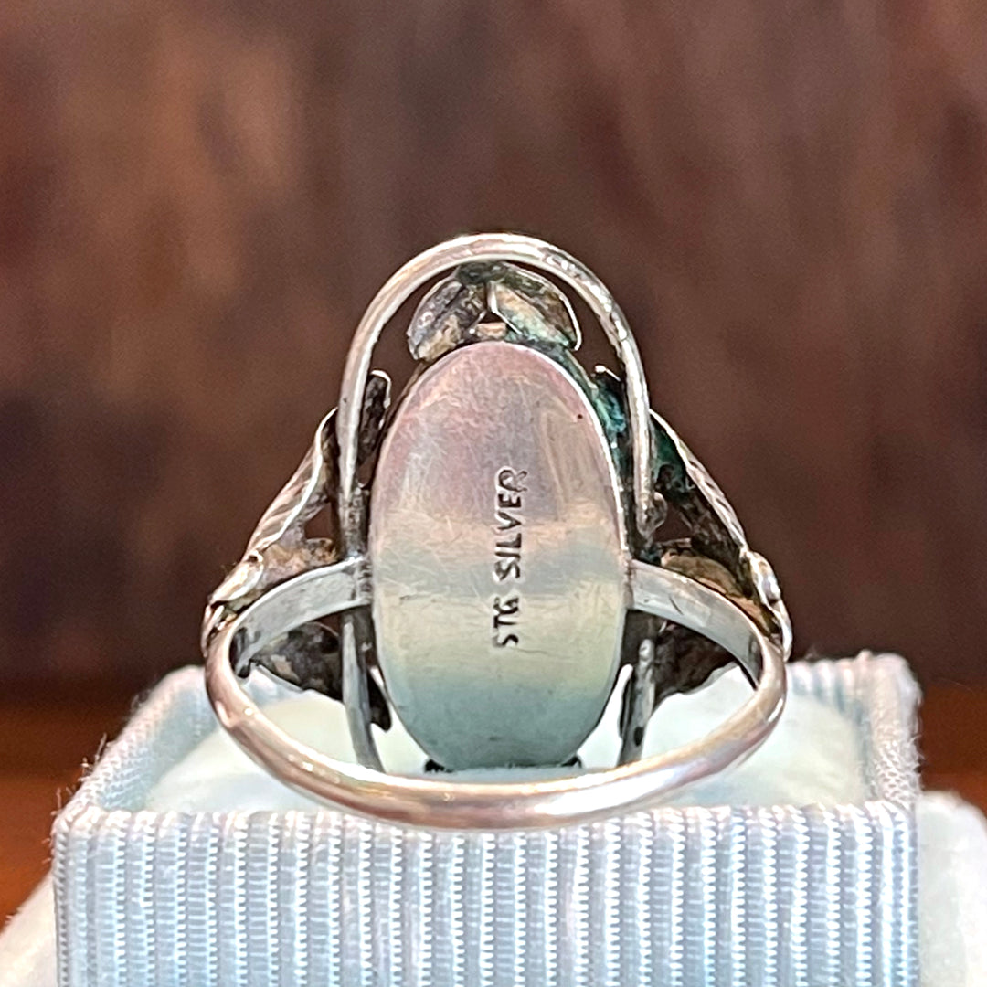 Antique Arts and Crafts Era Satin Glass Silver Ring