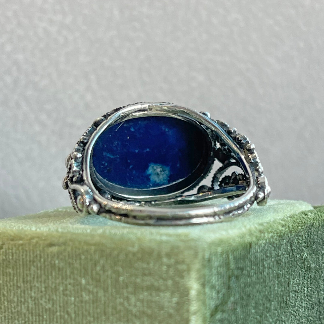 Antique Silver Pierced Oval Cabochon Lapis Ring