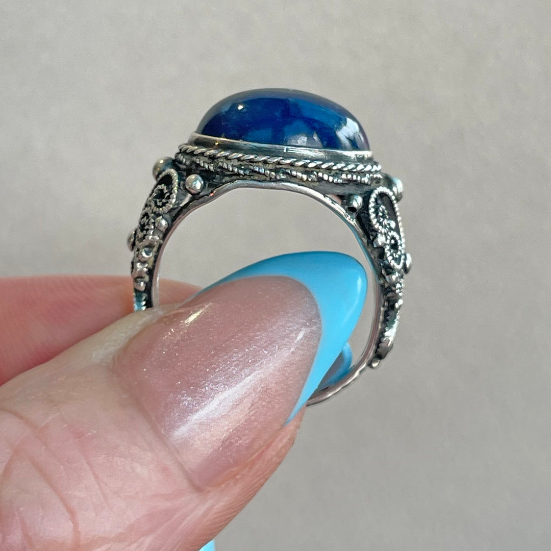 Antique Silver Pierced Oval Cabochon Lapis Ring
