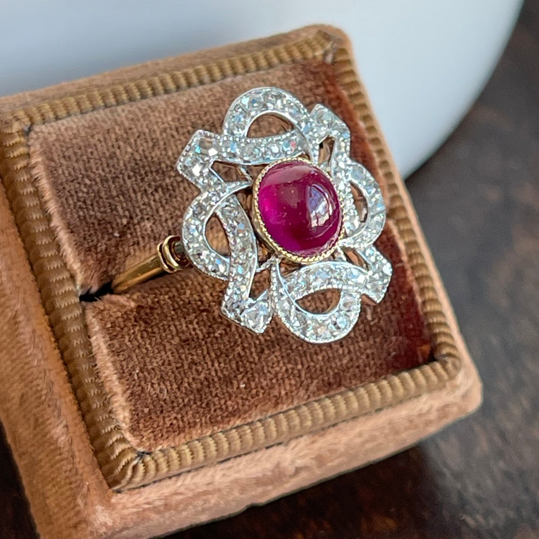 Antique Cabochon Ruby Diamond Ring 18k Gold Platinum c. 1900
