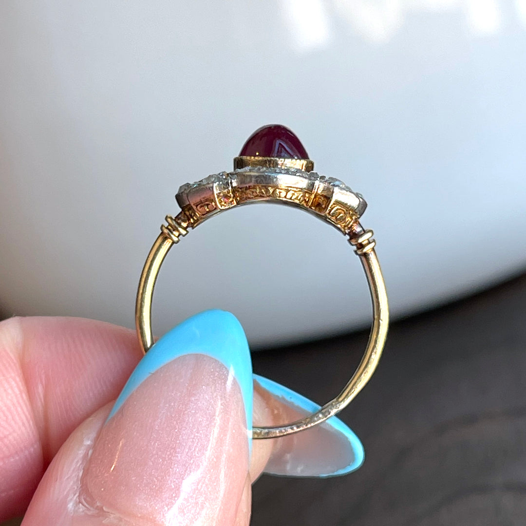 Antique Cabochon Ruby Diamond Ring 18k Gold Platinum c. 1900