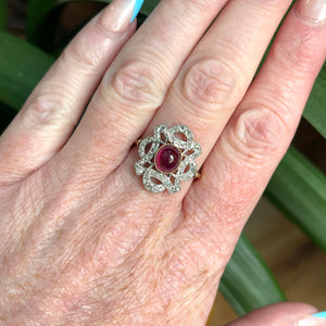 Antique Cabochon Ruby Diamond Ring 18k Gold Platinum c. 1900