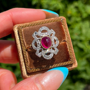 Antique Cabochon Ruby Diamond Ring 18k Gold Platinum c. 1900