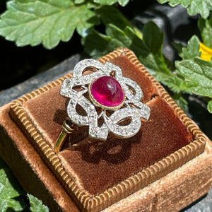 Antique Cabochon Ruby Diamond Ring 18k Gold Platinum c. 1900