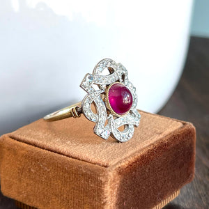 Antique Cabochon Ruby Diamond Ring 18k Gold Platinum c. 1900