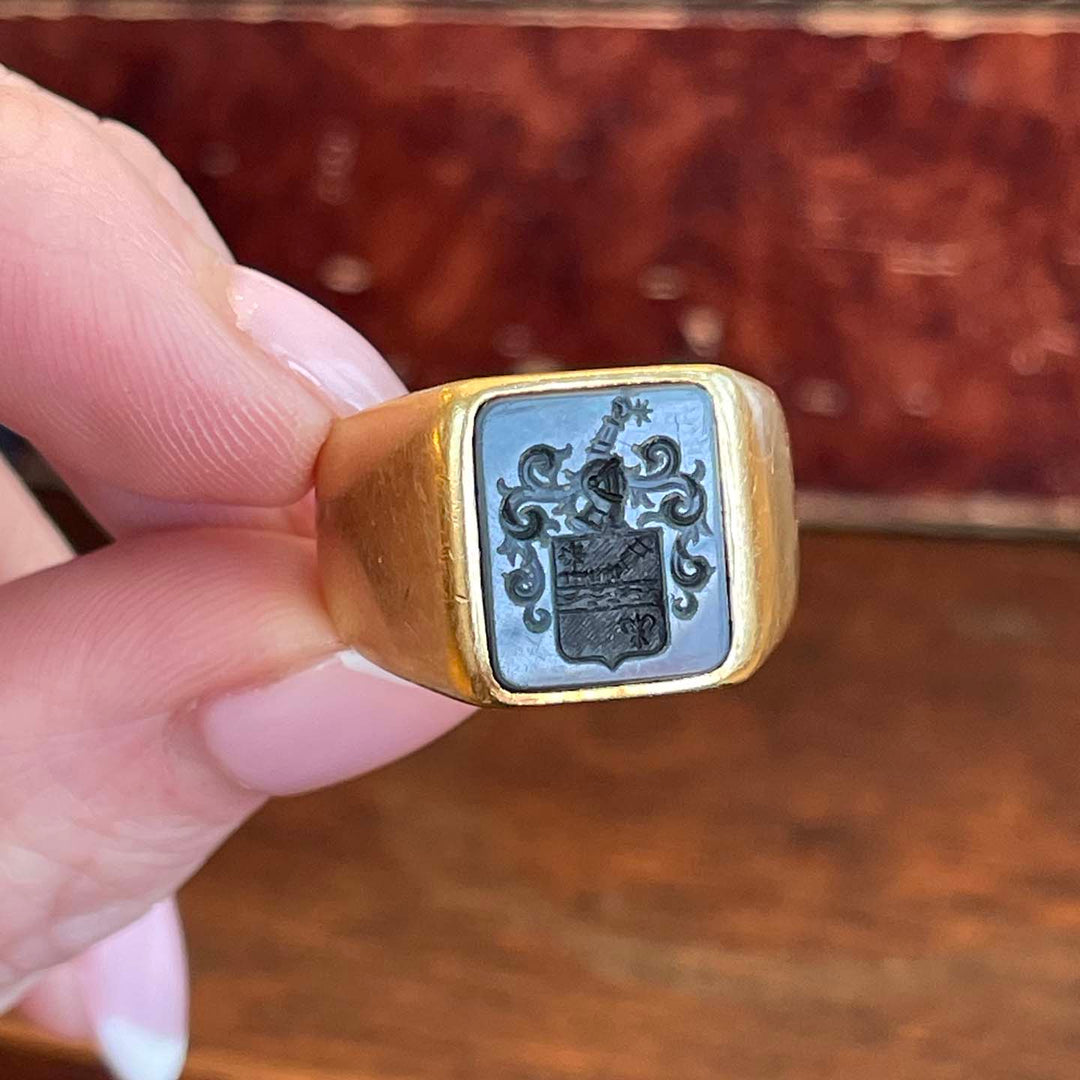 Antique French Sardonyx Signet Ring Intaglio 18k Gold