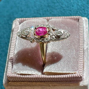 Antique French Ruby Diamond Marquis Ring 18k Gold Platinum