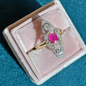 Antique French Ruby Diamond Marquis Ring 18k Gold Platinum