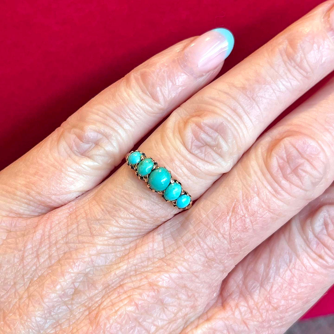 Antique Victorian 5 Turquoise Ring 15k Gold