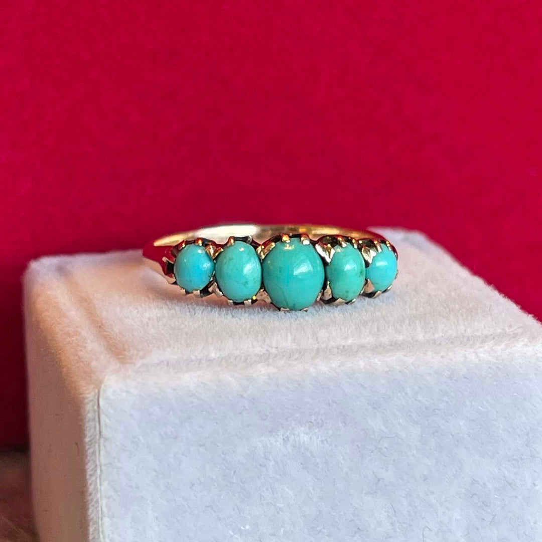 Antique Victorian 5 Turquoise Ring 15k Gold
