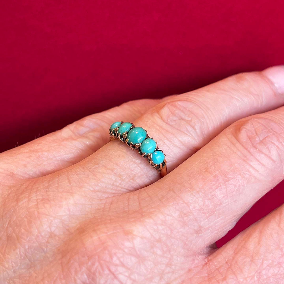 Antique Victorian 5 Turquoise Ring 15k Gold