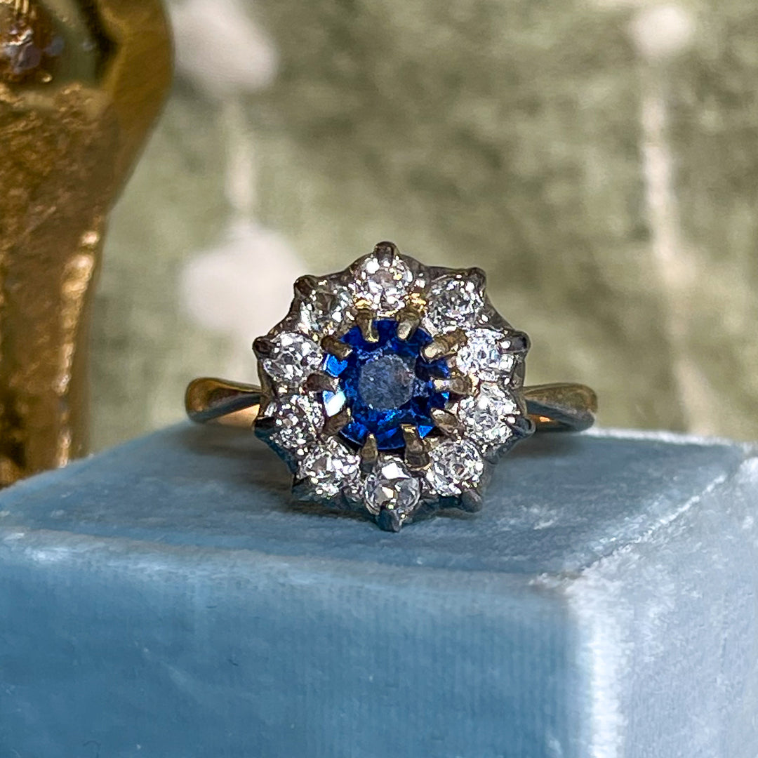 Victorian 18k Gold Sapphire and Diamond Cluster Ring, c. 1890