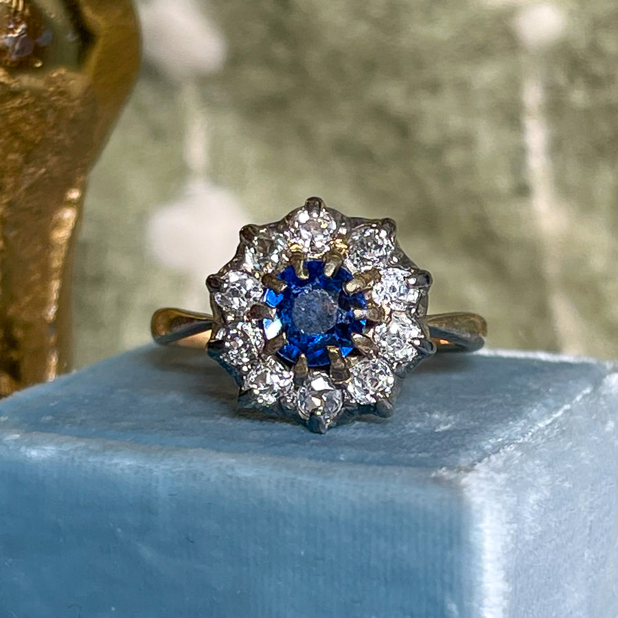 Victorian 18k Gold Sapphire and Diamond Cluster Ring, c. 1890