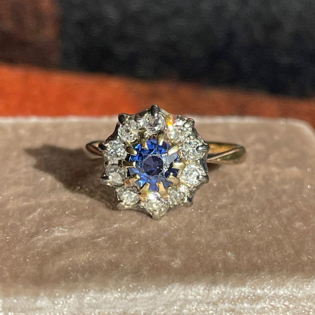 Victorian 18k Gold Sapphire and Diamond Cluster Ring, c. 1890