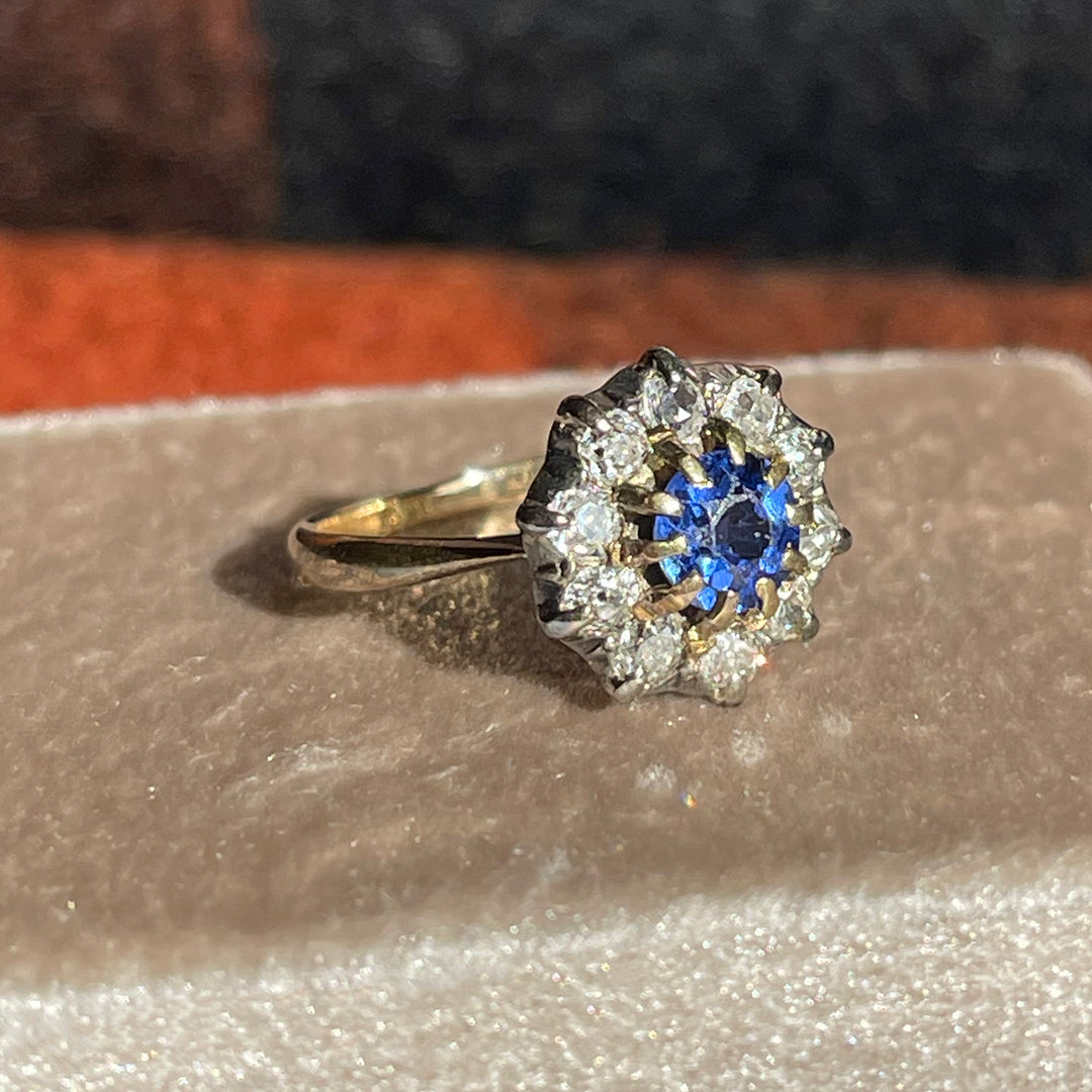 Victorian 18k Gold Sapphire and Diamond Cluster Ring, c. 1890