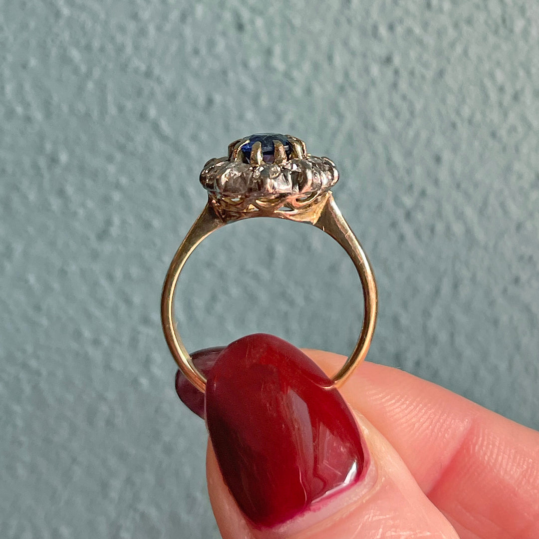 Victorian 18k Gold Sapphire and Diamond Cluster Ring, c. 1890