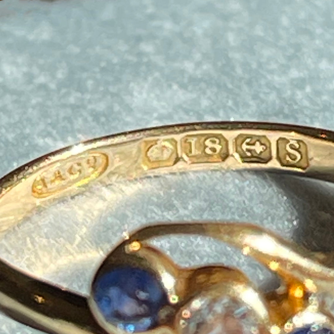 Edwardian Bypass Ring with Sapphire and Diamond in 18k Gold, Birmingham 1917