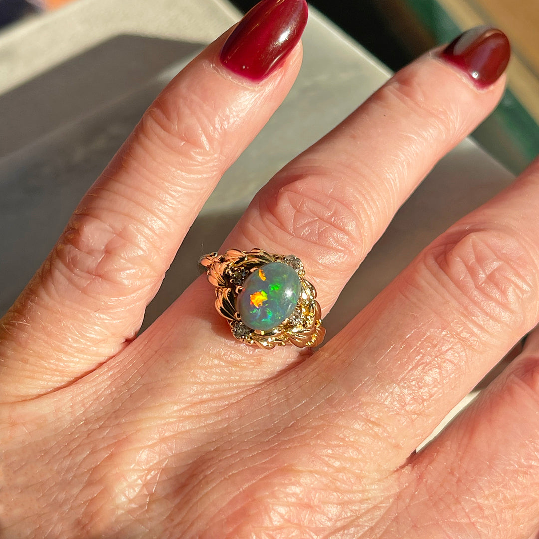 Floral Art Nouveau Opal and Diamond Ring, c. 1900