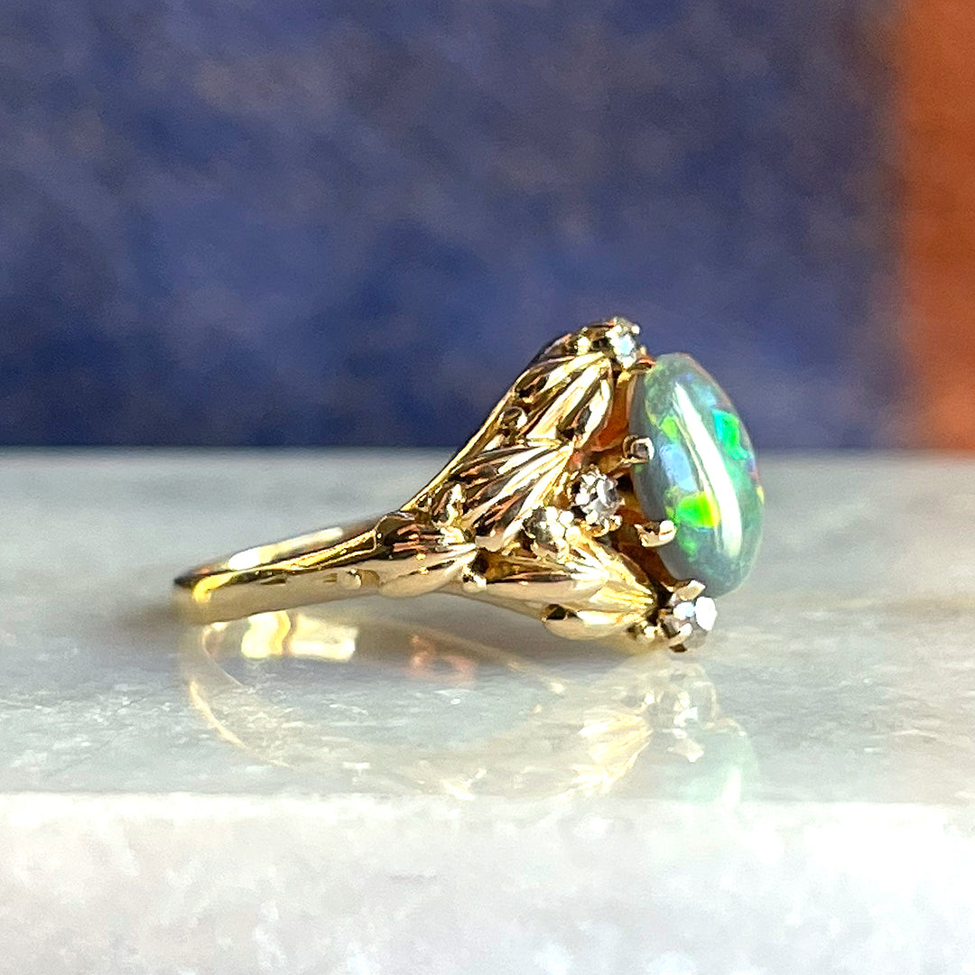 Floral Art Nouveau Opal and Diamond Ring, c. 1900
