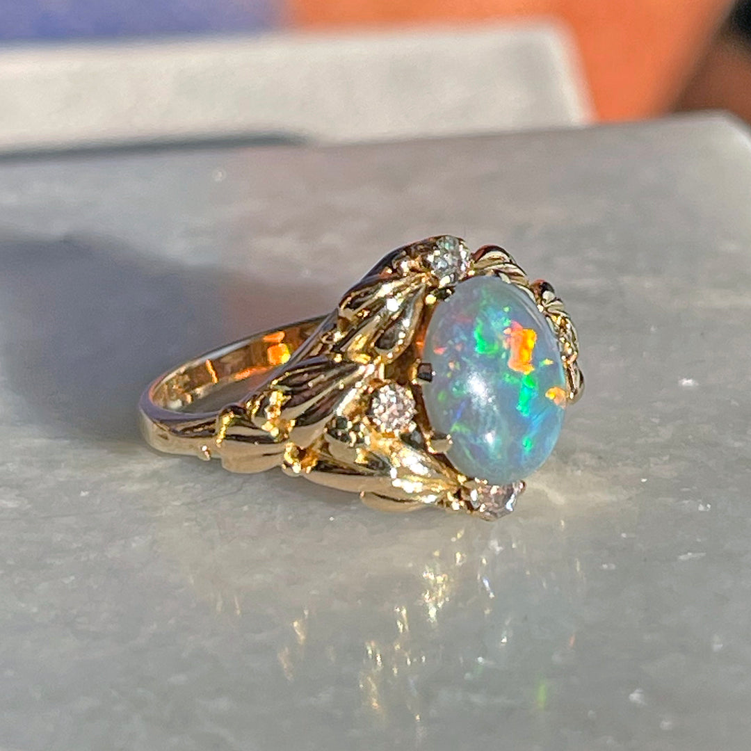 Floral Art Nouveau Opal and Diamond Ring, c. 1900